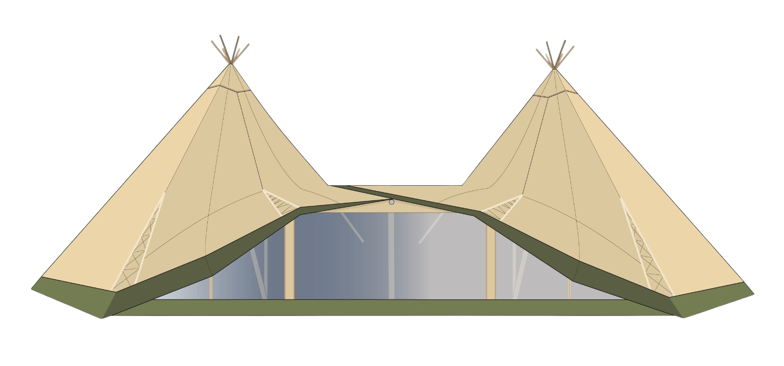 The Campus linked tipi configuration: two grand hat tipis connected by a panoramic glazed link section