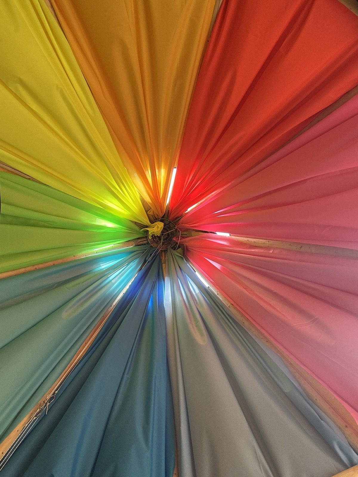 Sunlight bursting through the rainbow-dressed crown of the tipi classroom